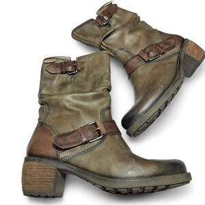 Vintage Pikolinos Slouch Leather Moto Boots Western Buckle Olive 36